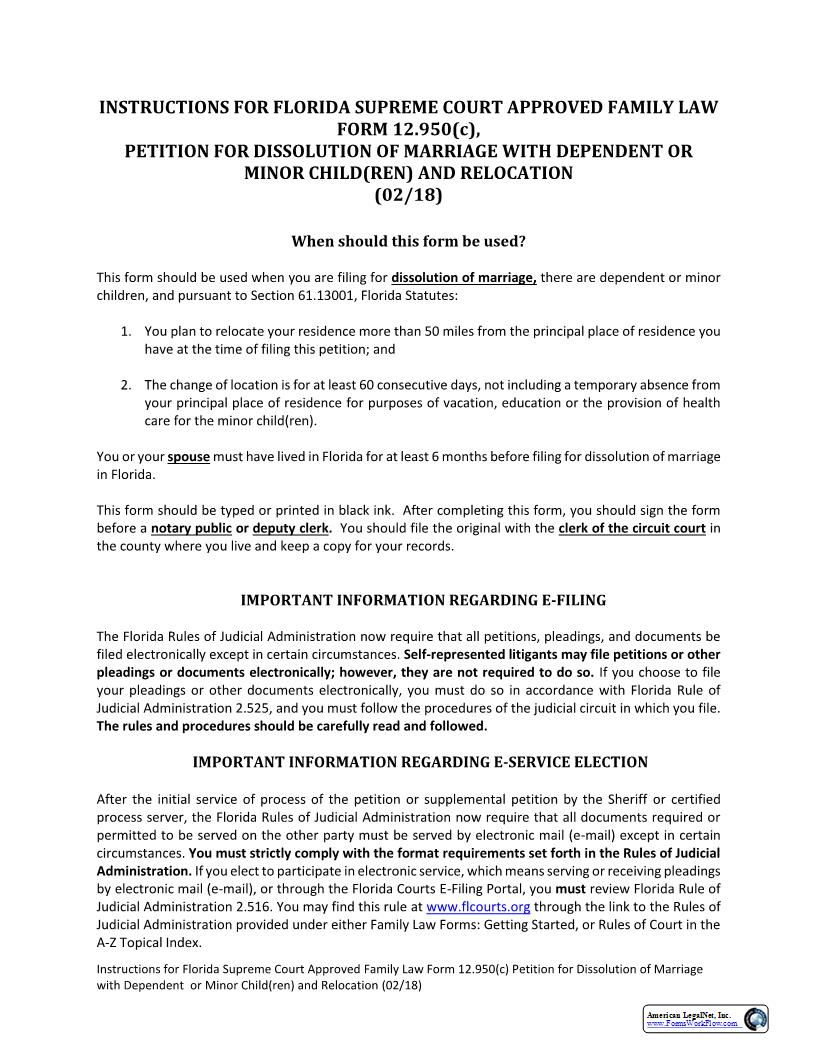 Petition For Dissolution Of Marriage With Dependent Or Minor Child(ren) And Relocation {12.950(c)} | Pdf Fpdf Docx | Florida