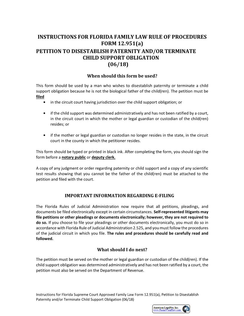 Petition To Disestablish Paternity And-Or Terminate Child Support Obligation {12.951(a)} | Pdf Fpdf Docx | Florida