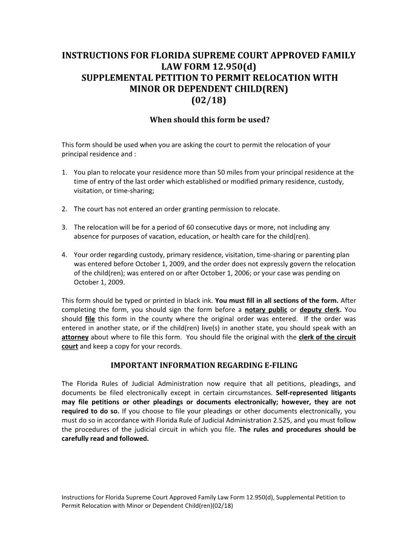 Supplemental Petition To Permit Relocation With Minor Child(ren) {12.950(d)} | Pdf Fpdf Docx | Florida