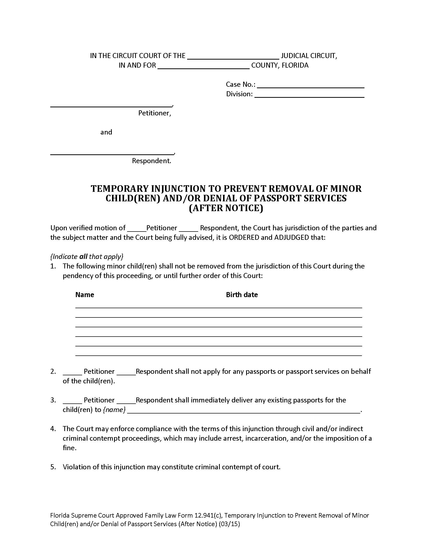 Temporary Injunction Prevent Removal Minor Child(ren) Denial Of Passport Services (After Notice) {12.941(c)} | Pdf Fpdf Doc Docx | Florida