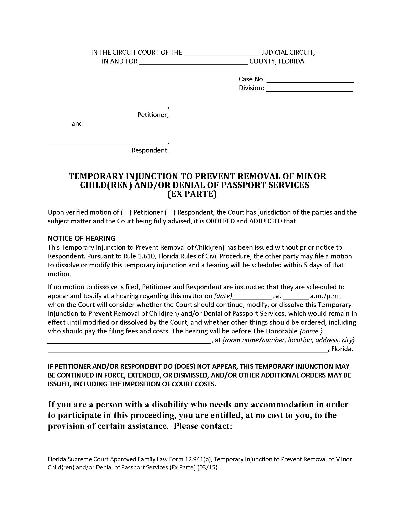Temporary Injunction Prevent Removal Minor Child(ren) Denial Of Passport Services (Ex Parte) {12.941(b)} | Pdf Fpdf Doc Docx | Florida