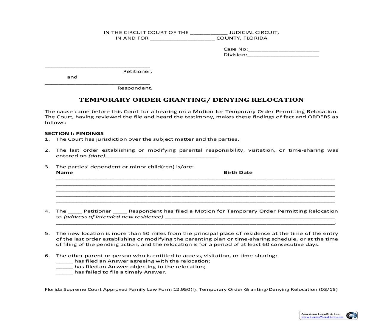 Temporary Order Of Granting Or Denying Relocation {12.950(f)} | Pdf Fpdf Doc Docx | Florida