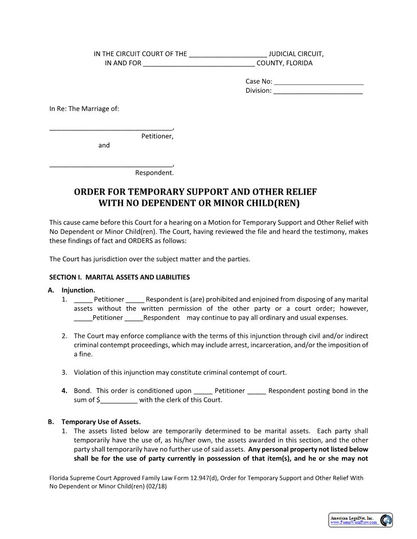 Temporary Support Order With No Dependent Or Minor Children {12.947(d)} | Pdf Fpdf Docx | Florida