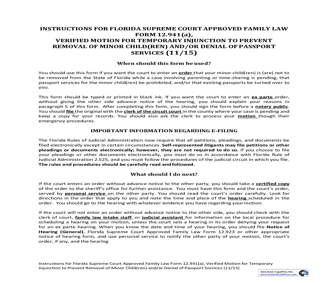 Verified Motion For Temporary Injunction To Prevent Removal Of Minor Child(ren) And-Or Denial Of Passport Services {12.941(a)} | Pdf Fpdf Doc Docx | Florida