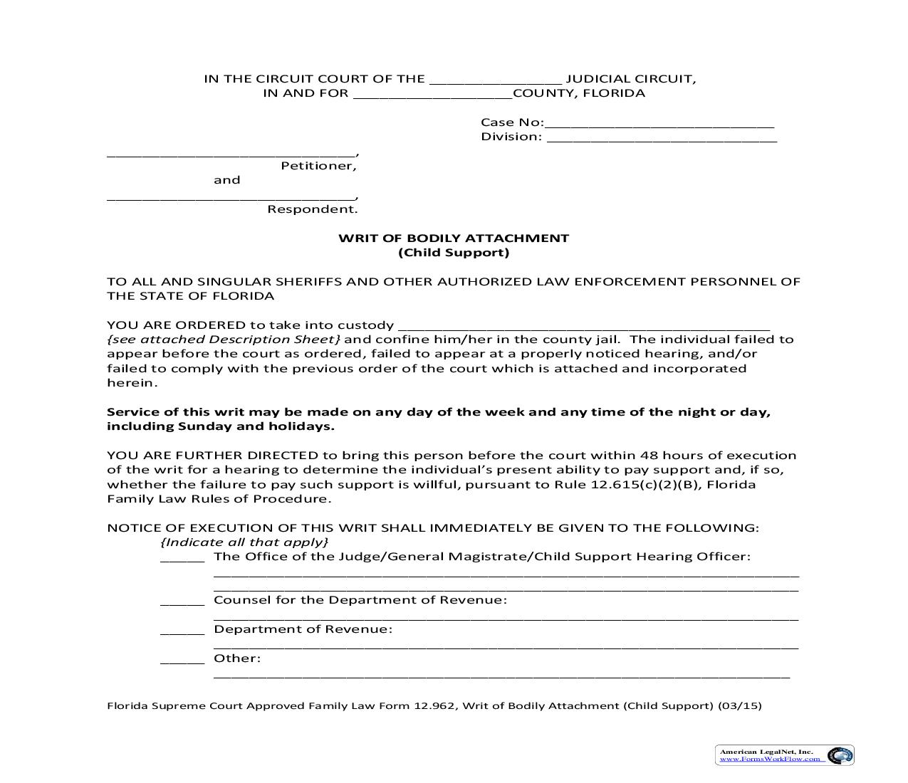 Writ Of Bodily Attachment (Child Support) {12.962} | Pdf Fpdf Doc Docx | Florida