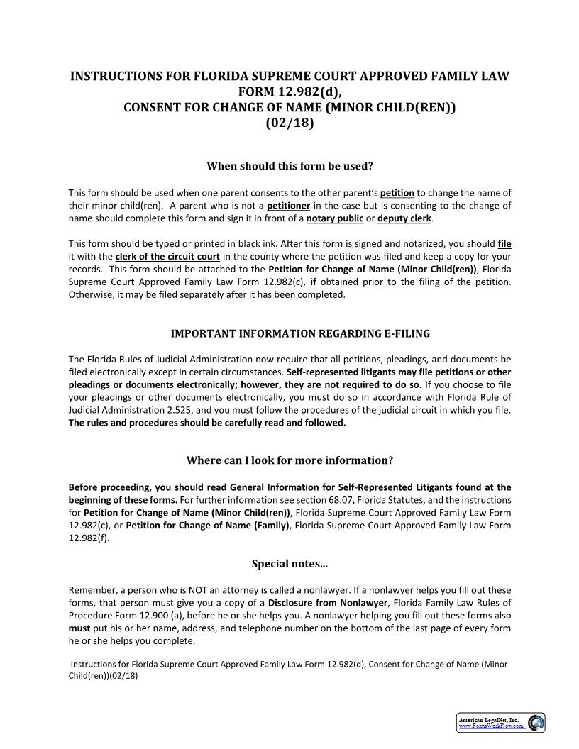 Consent For Change Of Name Minor Children w-Instructions {12.982(d)} | Pdf Fpdf Docx | Florida