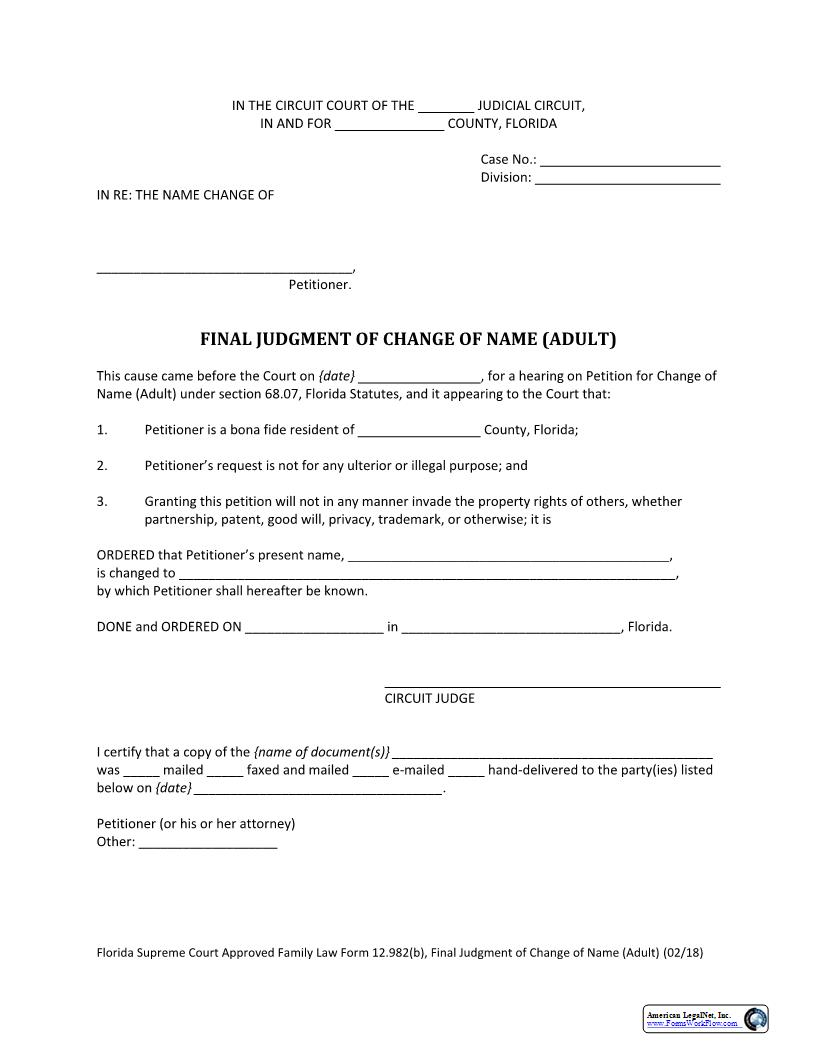 Final Judgment Of Change Of Name Adult {12.982(b)} | Pdf Fpdf Docx | Florida