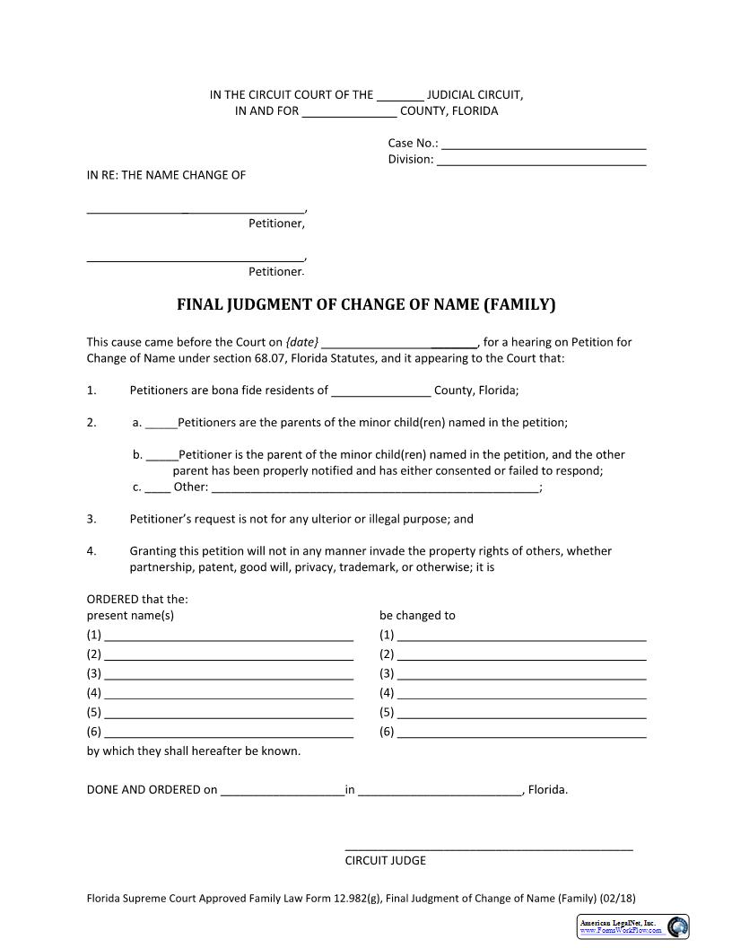 Final Judgment Of Change Of Name Family {12.982(g)} | Pdf Fpdf Docx | Florida