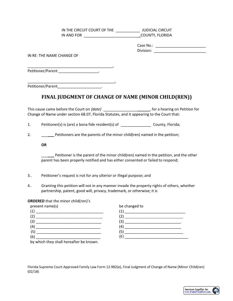 Final Judgment Of Change Of Name Minor Children {12.982(e)} | Pdf Fpdf Docx | Florida