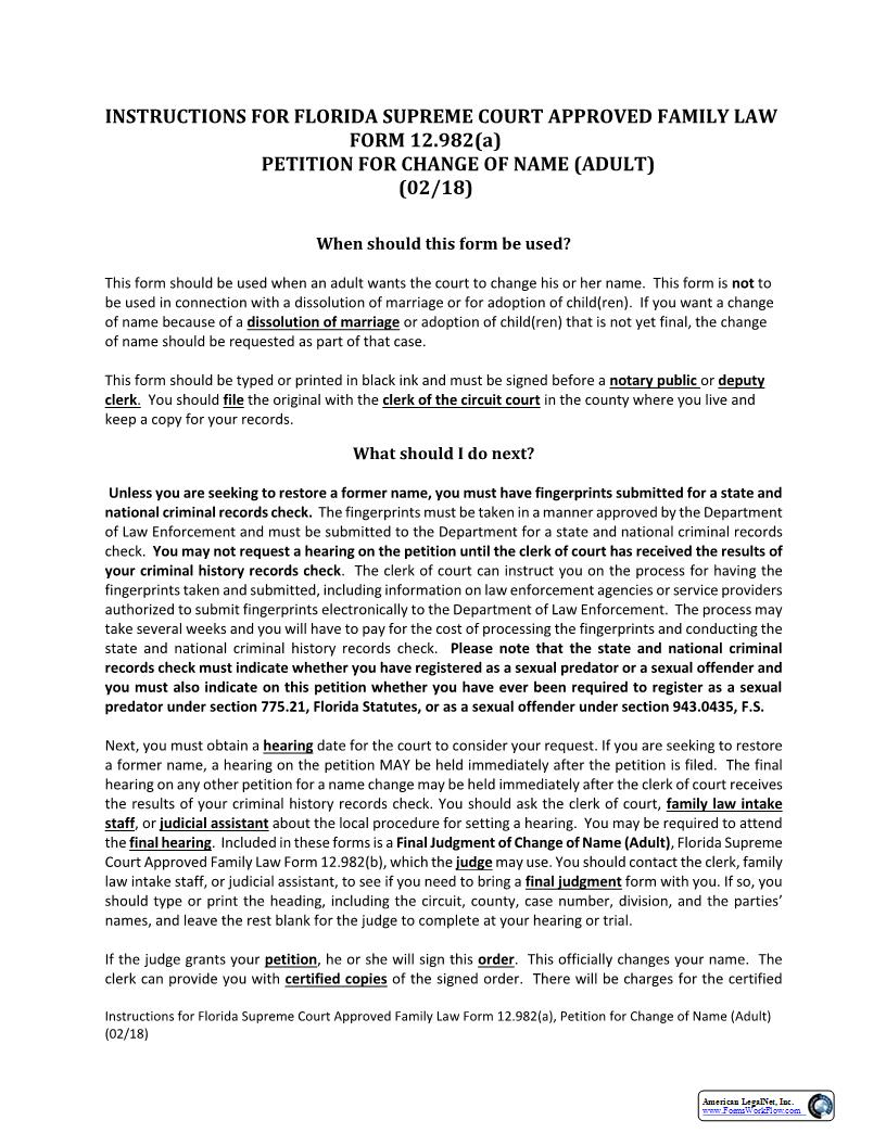 Petition For Change Of Name Adult w-Instructions {12.982(a)} | Pdf Fpdf Docx | Florida