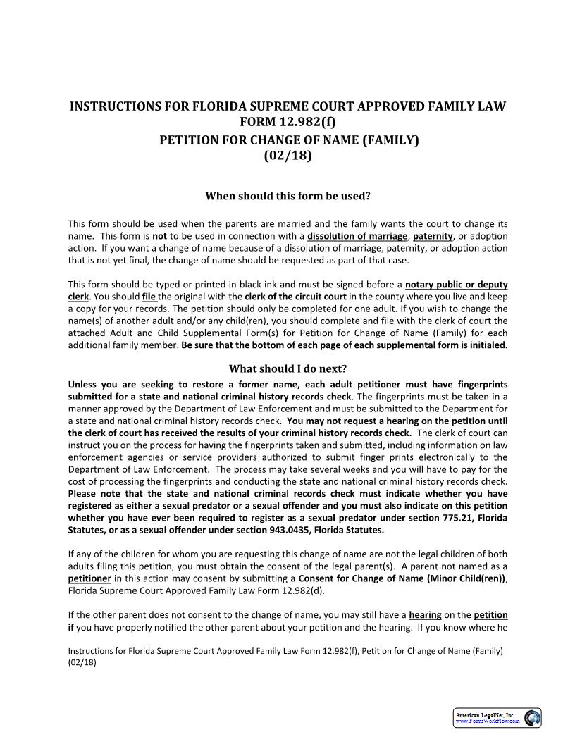 Petition For Change Of Name Family w-Instructions {12.982(f)} | Pdf Fpdf Docx | Florida