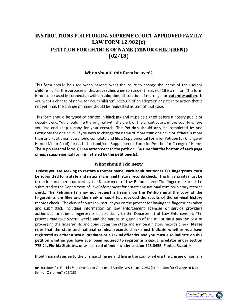 Petition For Change Of Name Minor Children w-Instructions {12.982(c)} | Pdf Fpdf Docx | Florida