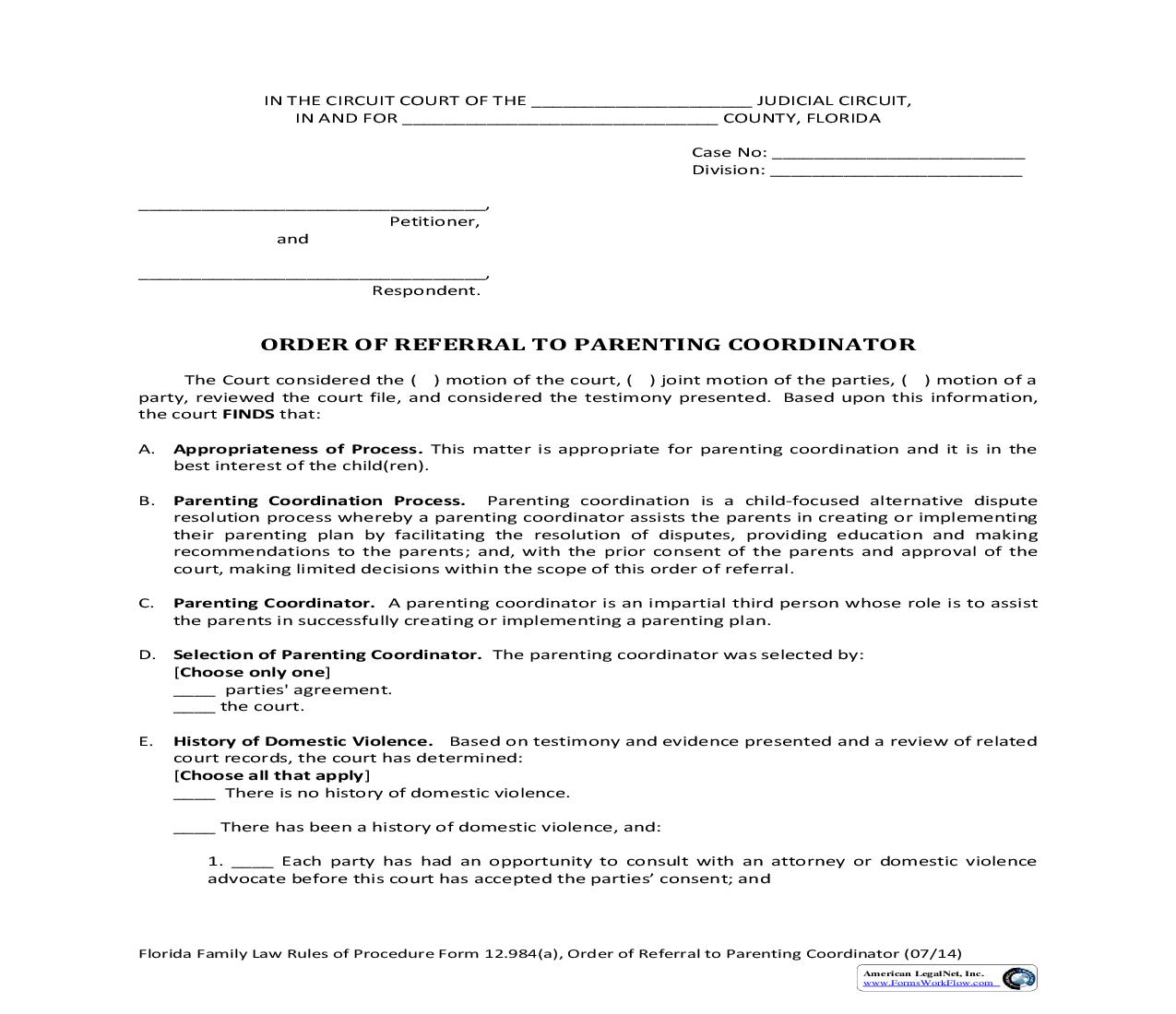 Order Of Referral To Parenting Coordinator {12.984(a)} | Pdf Fpdf Doc Docx | Florida