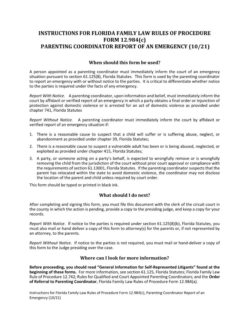 Parenting Coordinator Report Of An Emergency {12.984(c)} | Pdf Fpdf Doc Docx | Florida