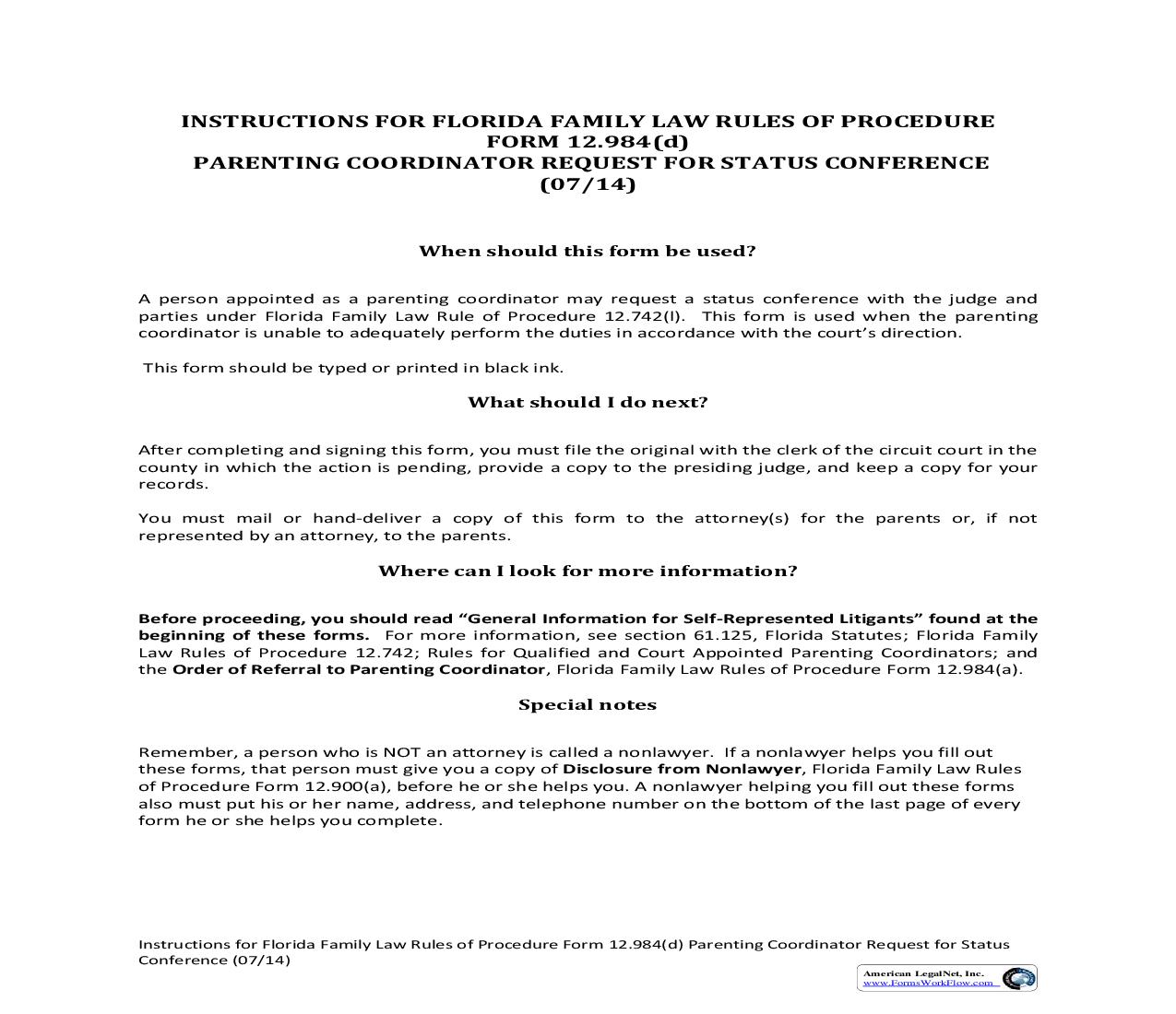 Parenting Coordinator Request For Status Conference {12.984(d)} | Pdf Fpdf Doc Docx | Florida