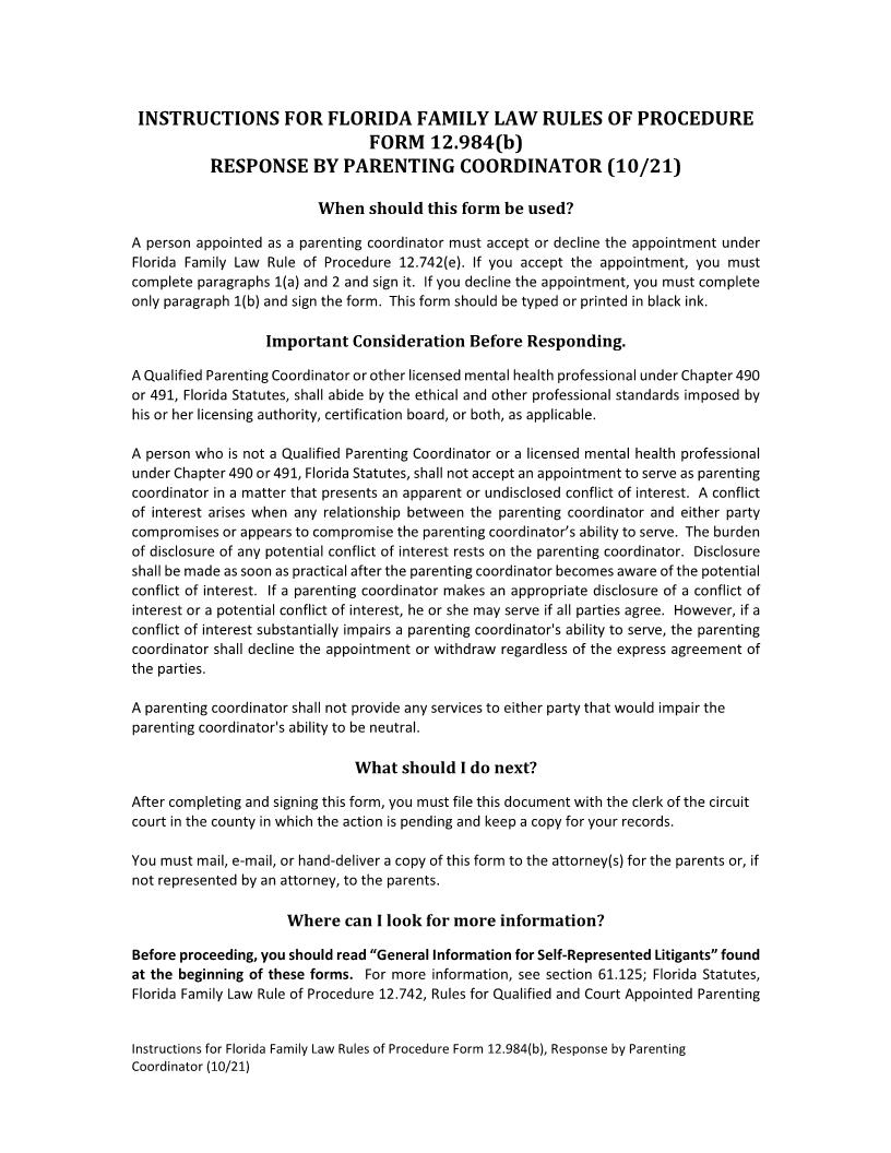 Response By Parenting Coordinator {12.984(b)} | Pdf Fpdf Doc Docx | Florida