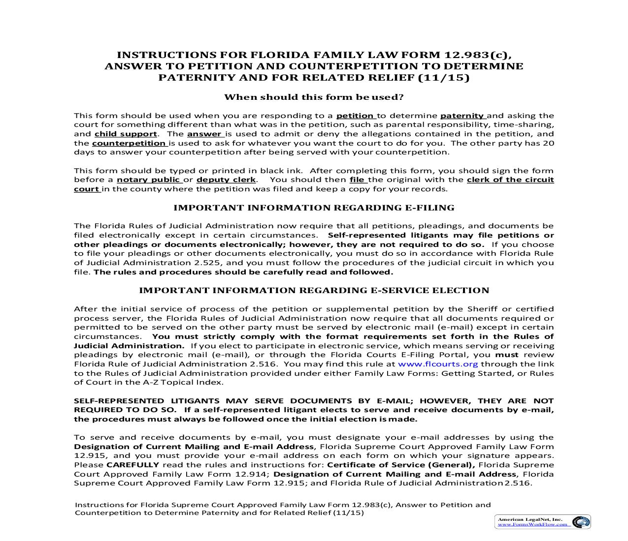 Answer To Petition And Counterpetition To Determine Paternity And For Related Relief  w-Instructions {12.983(c)} | Pdf Fpdf Doc Docx | Florida