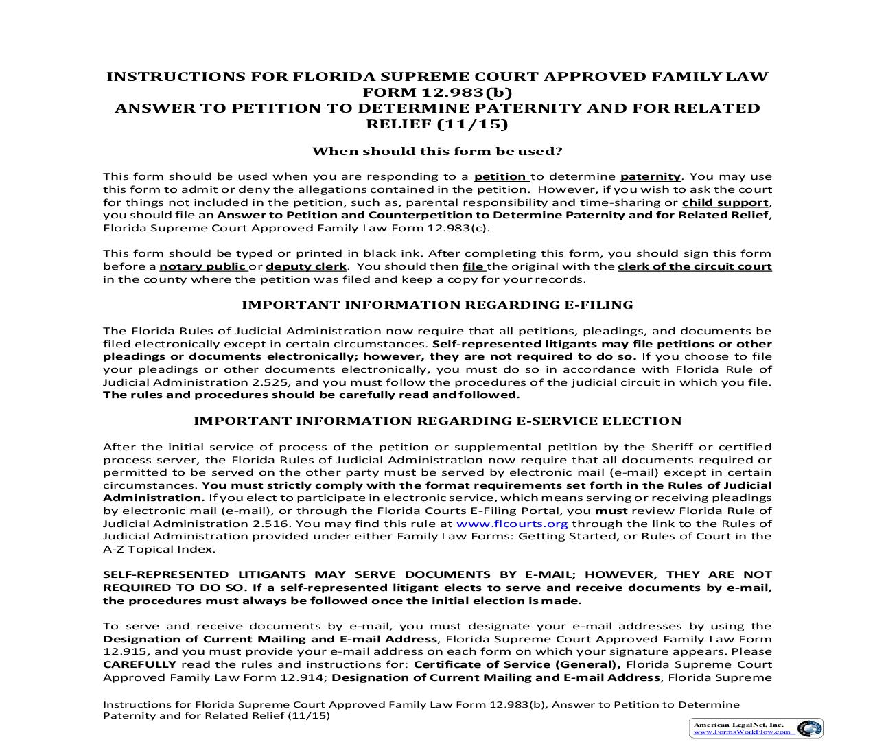 Answer To Petition To Determine Paternity And For Related Relief w-Instructions {12.983(b)} | Pdf Fpdf Doc Docx | Florida