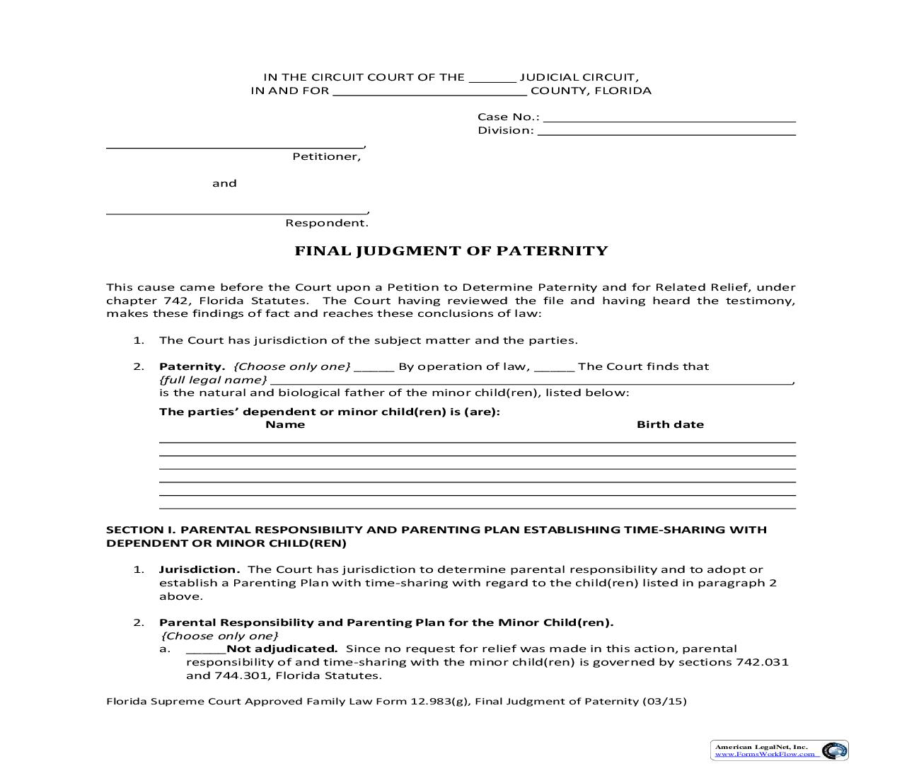 Final Judgment Of Paternity {12.983(g)} | Pdf Fpdf Doc Docx | Florida