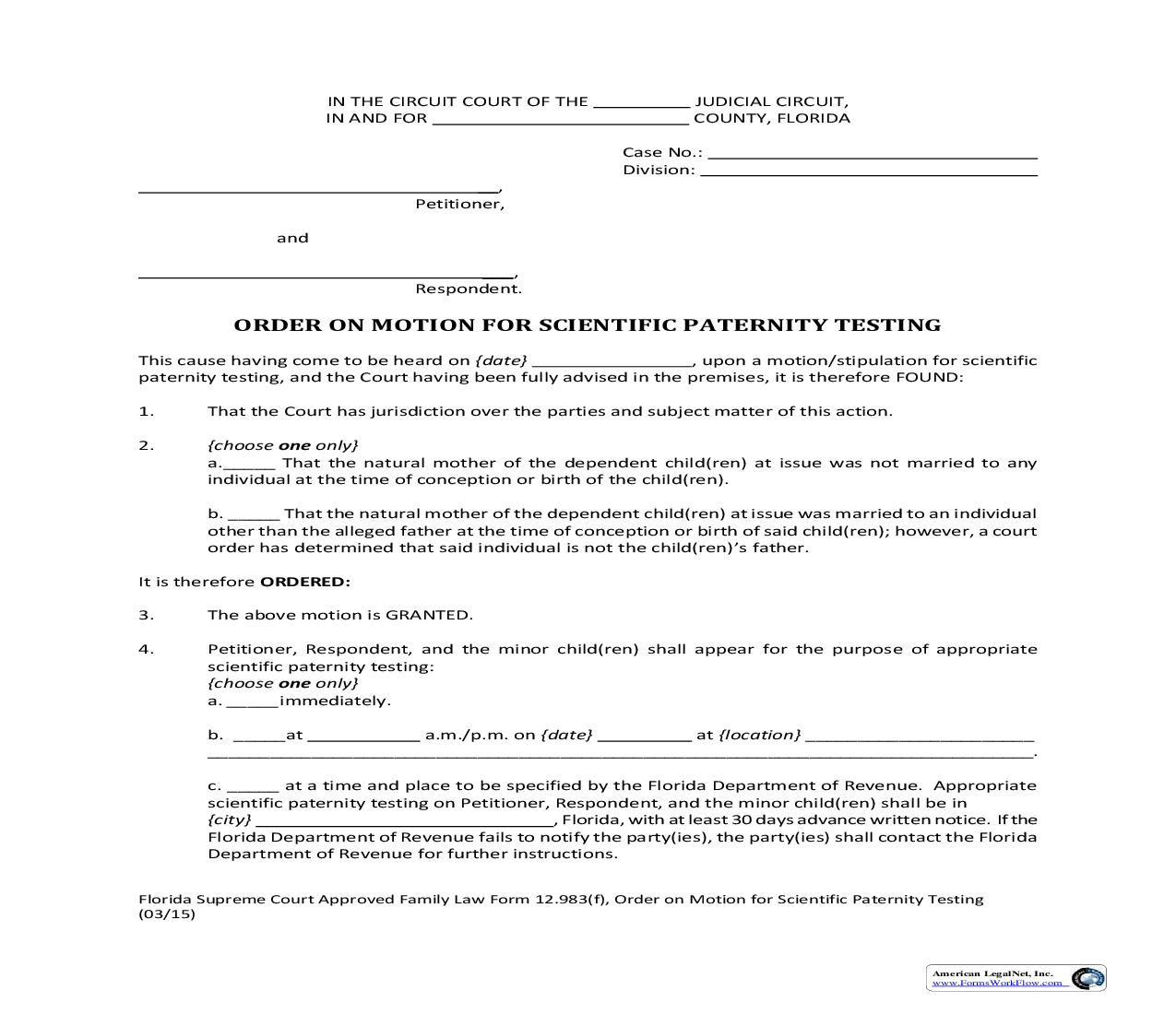 Order On Motion For Scientific Paternity Testing {12.983(f)} | Pdf Fpdf Doc Docx | Florida