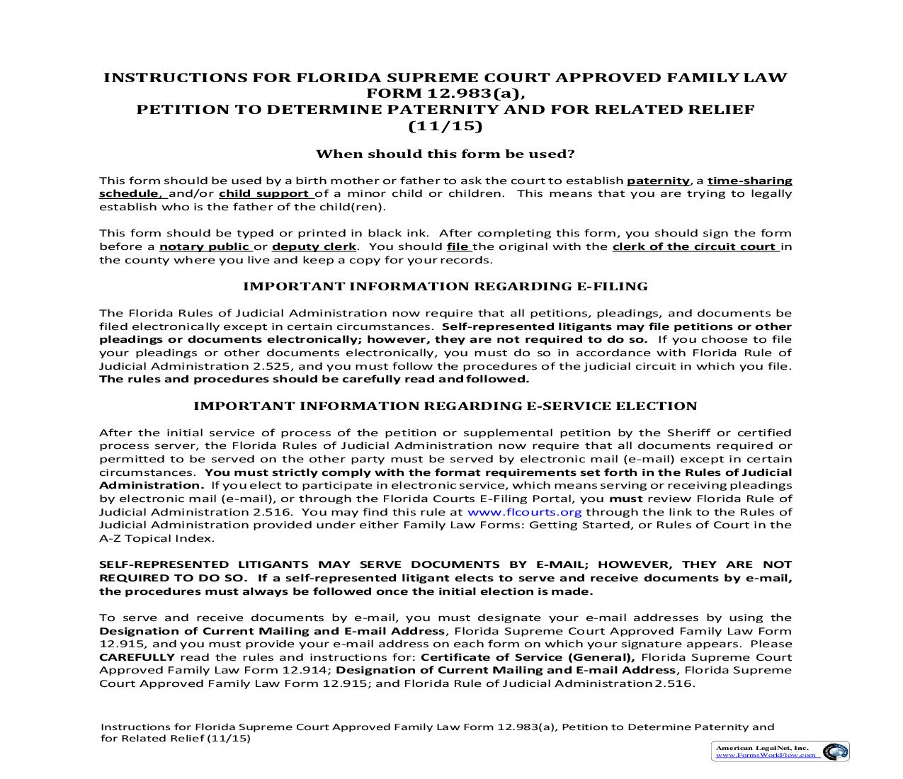 Petition To Determine Paternity And For Related Relief w-Instructions {12.983(a)} | Pdf Fpdf Doc Docx | Florida