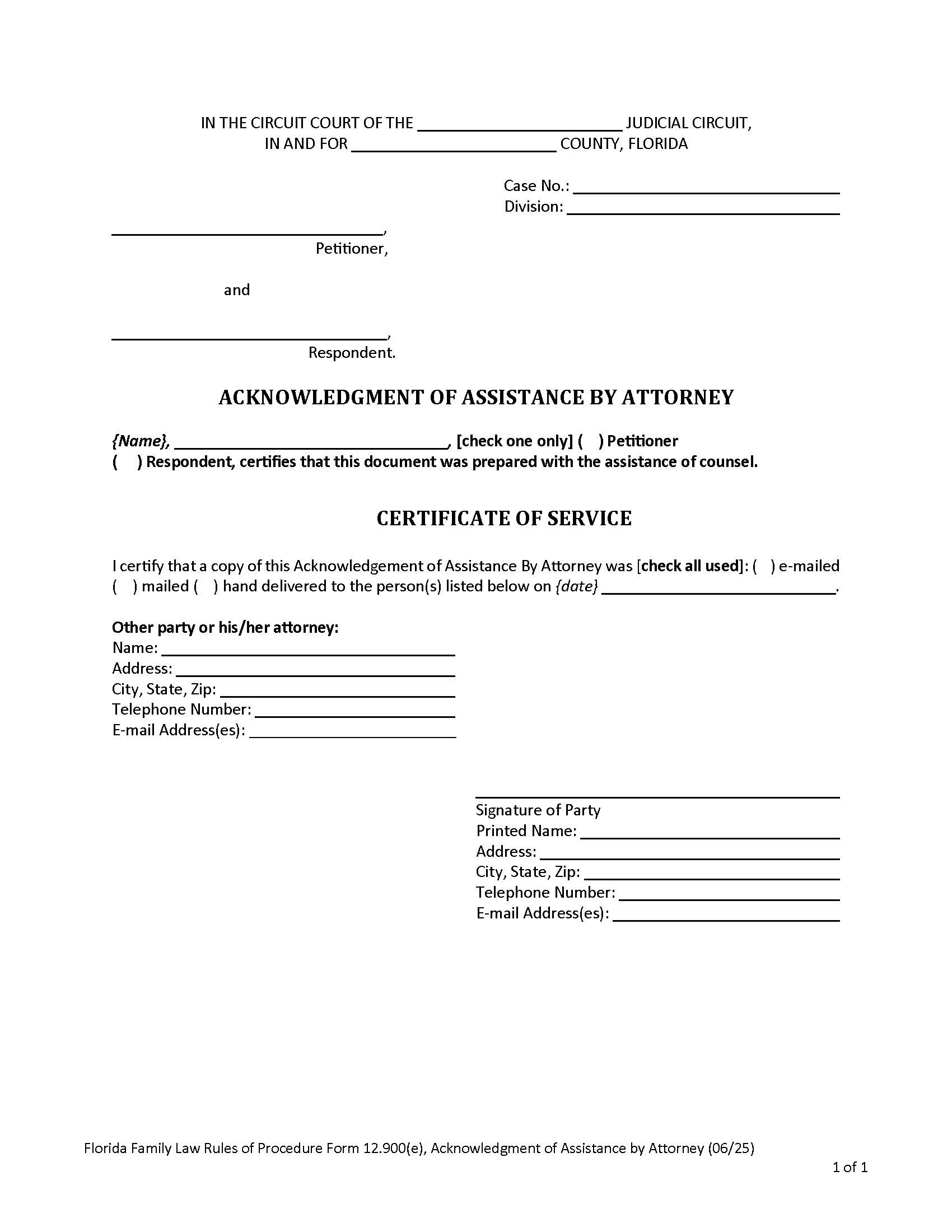 Acknowledgment Of Assistance By Attorney {12.900(e)} | Pdf Fpdf Doc Docx | Florida