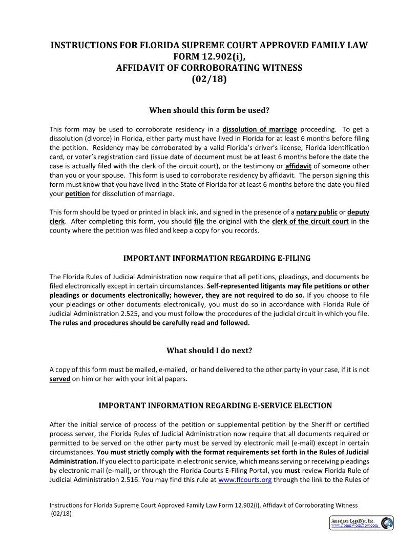 Affidavit Of Corroborating Witness w-Instructions {12.902(i)} | Pdf Fpdf Docx | Florida