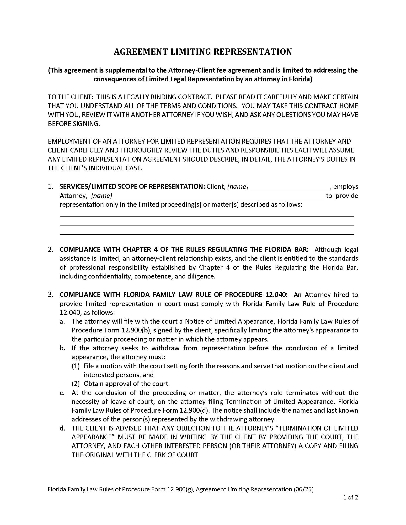 Agreement Limiting Representation {12.900(g)} | Pdf Fpdf Doc Docx | Florida
