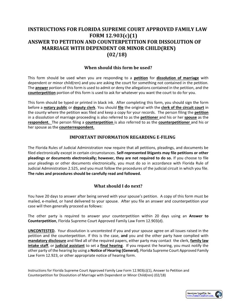 Answer To Petition And Counterpetition For Dissolution Marriage With Dependent Or Minor Child(ren) {12.903(c)(1)} | Pdf Fpdf Docx | Florida