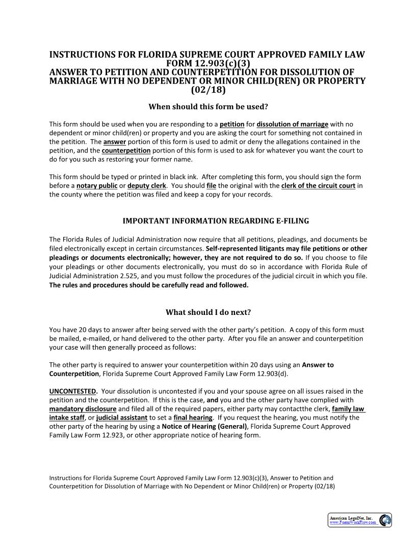 Answer To Petition Counterpetition For Dissolution Marriage With No Dependent Minor Children Property {12.903(c)(3)} | Pdf Fpdf Docx | Florida