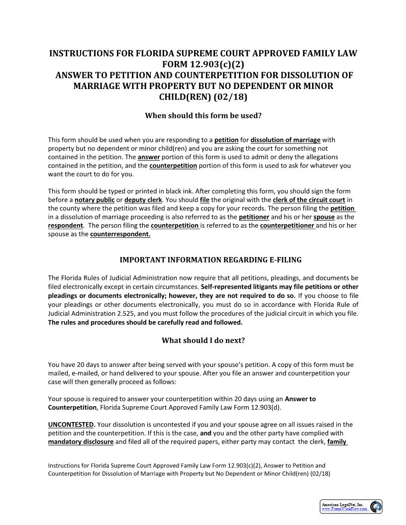 Answer To Petition Counterpetition For Dissolution Marriage With Property No Dependent Minor Children {12.903(c)(2)} | Pdf Fpdf Docx | Florida