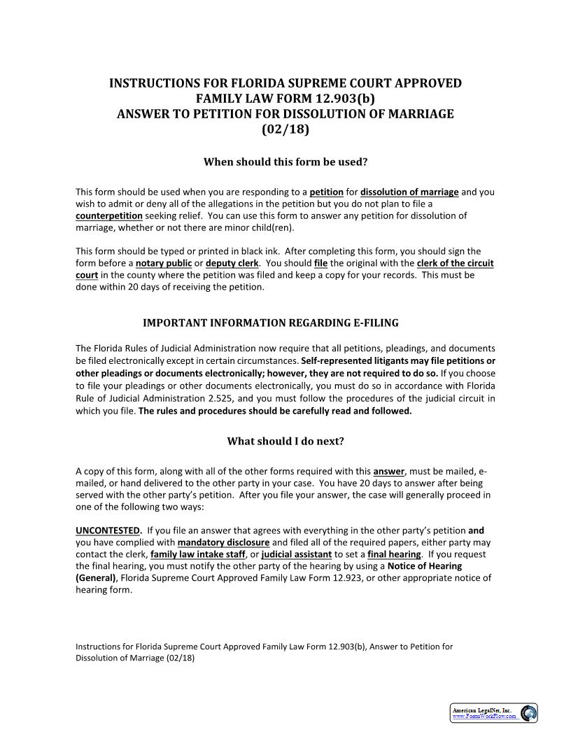 Answer To Petition For Dissolution Of Marriage w-Instructions {12.903(b)} | Pdf Fpdf Docx | Florida
