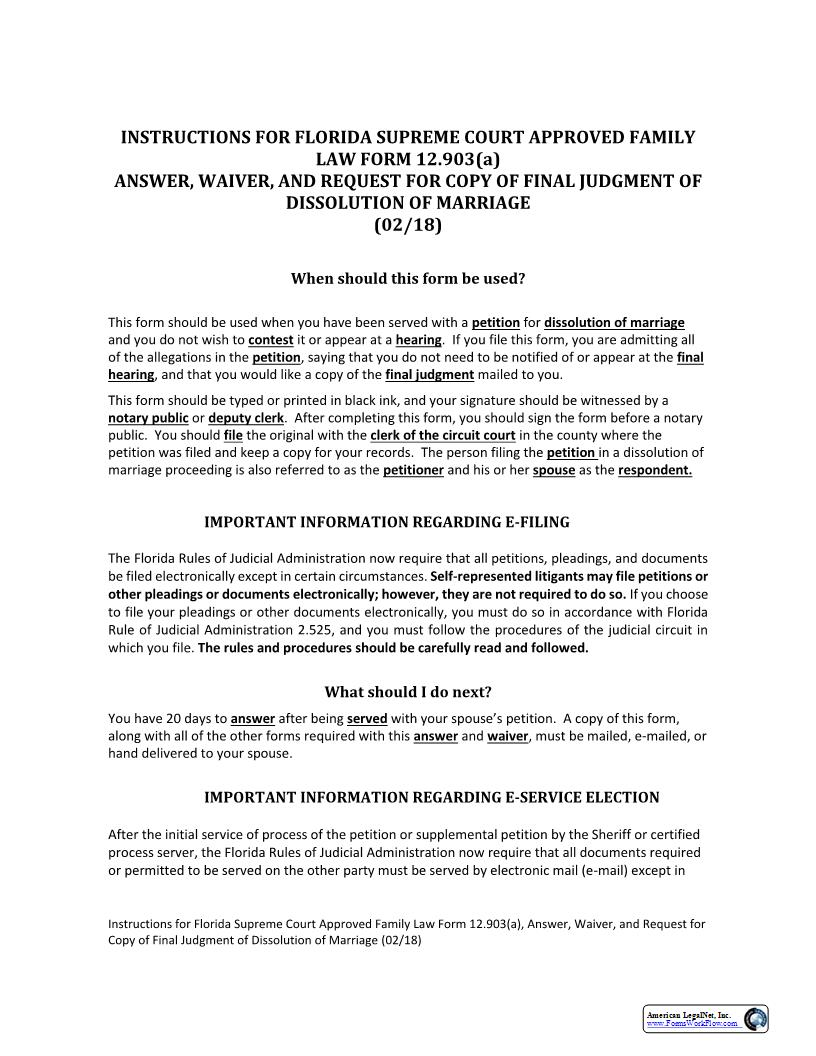 Answer Waiver And Request For Copy Of Final Judgment Of Dissolution Of Marriage w-Instructions {12.903(a)} | Pdf Fpdf Docx | Florida