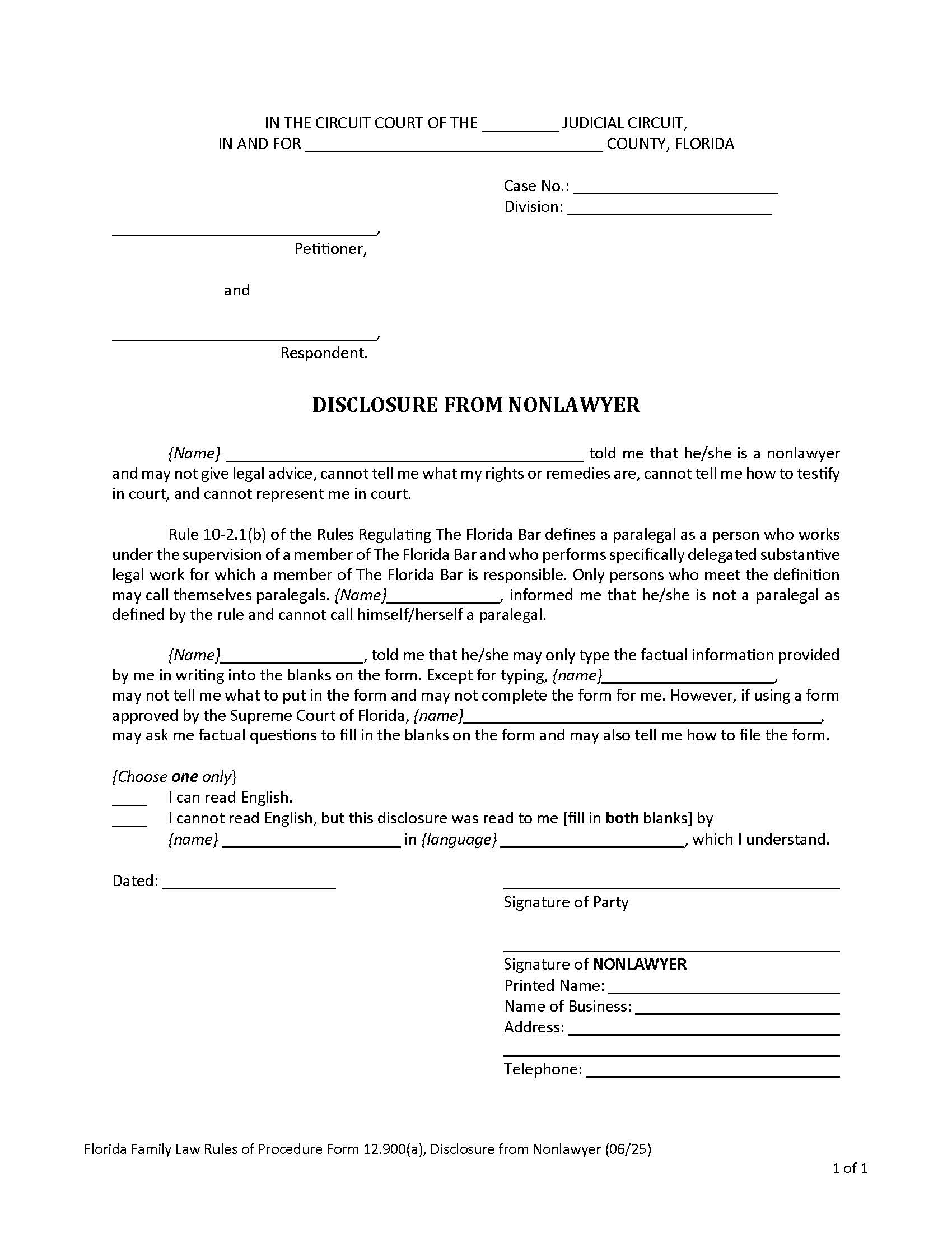 Disclosure From Nonlawyer w-Instructions {12.900(a)} | Pdf Fpdf Doc Docx | Florida