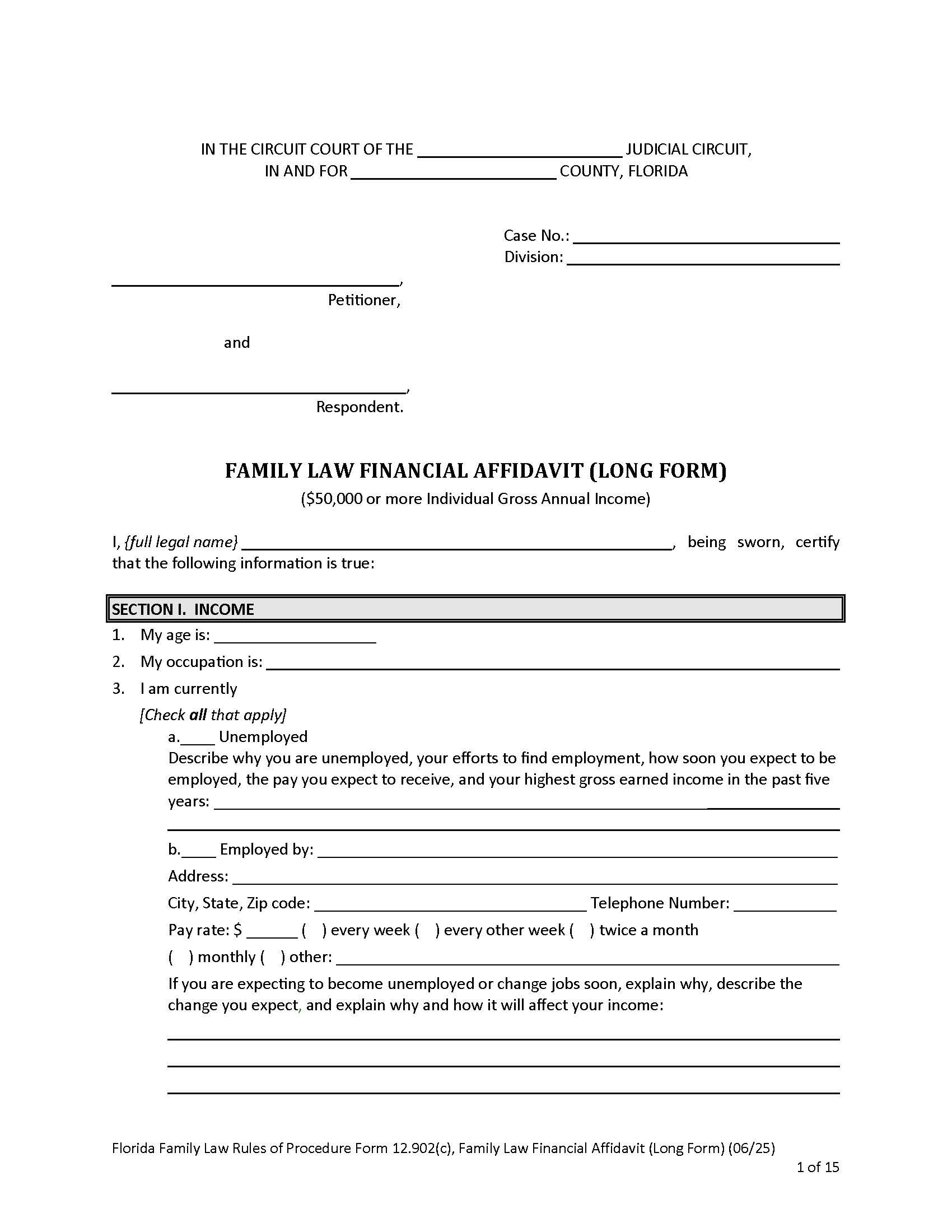 Family Law Financial Affidavit (Long Form) With Instructions {12.902(c)} | Pdf Fpdf Doc Docx | Florida