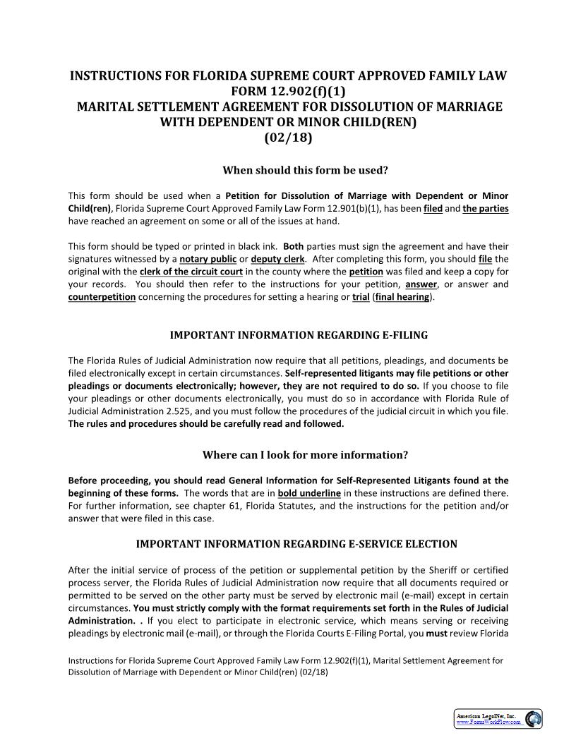 Marital Settlement Agreement For Dissolution Of Marriage With Dependent Or Minor Children {12.902(f)(1)} | Pdf Fpdf Docx | Florida