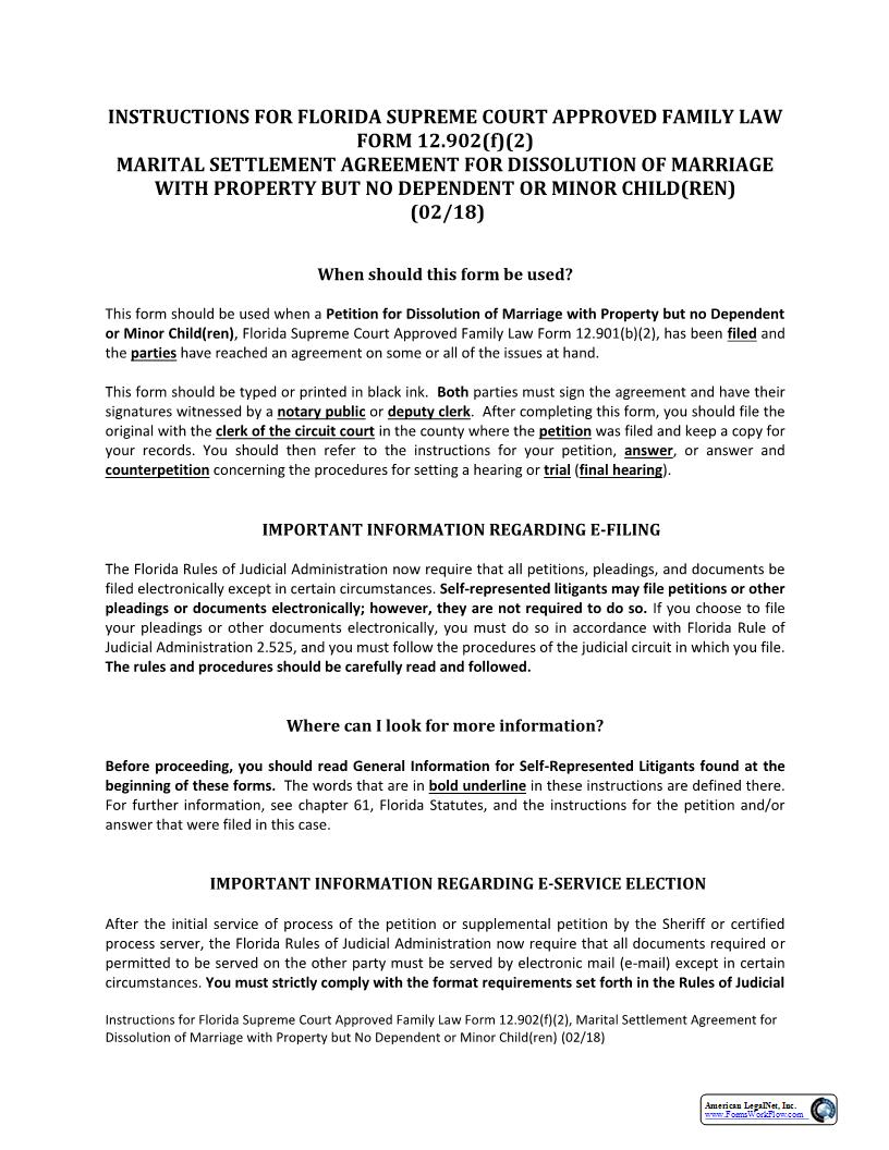 Marital Settlement Agreement For Dissolution Of Marriage With Property No Dependent Minor Children {12.902(f)(2)} | Pdf Fpdf Docx | Florida