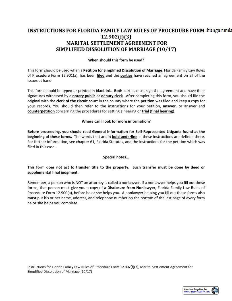 Marital Settlement Agreement For Simplified Dissolution Of Marriage w-Instructions {12.902(f)(3)} | Pdf Fpdf Docx | Florida