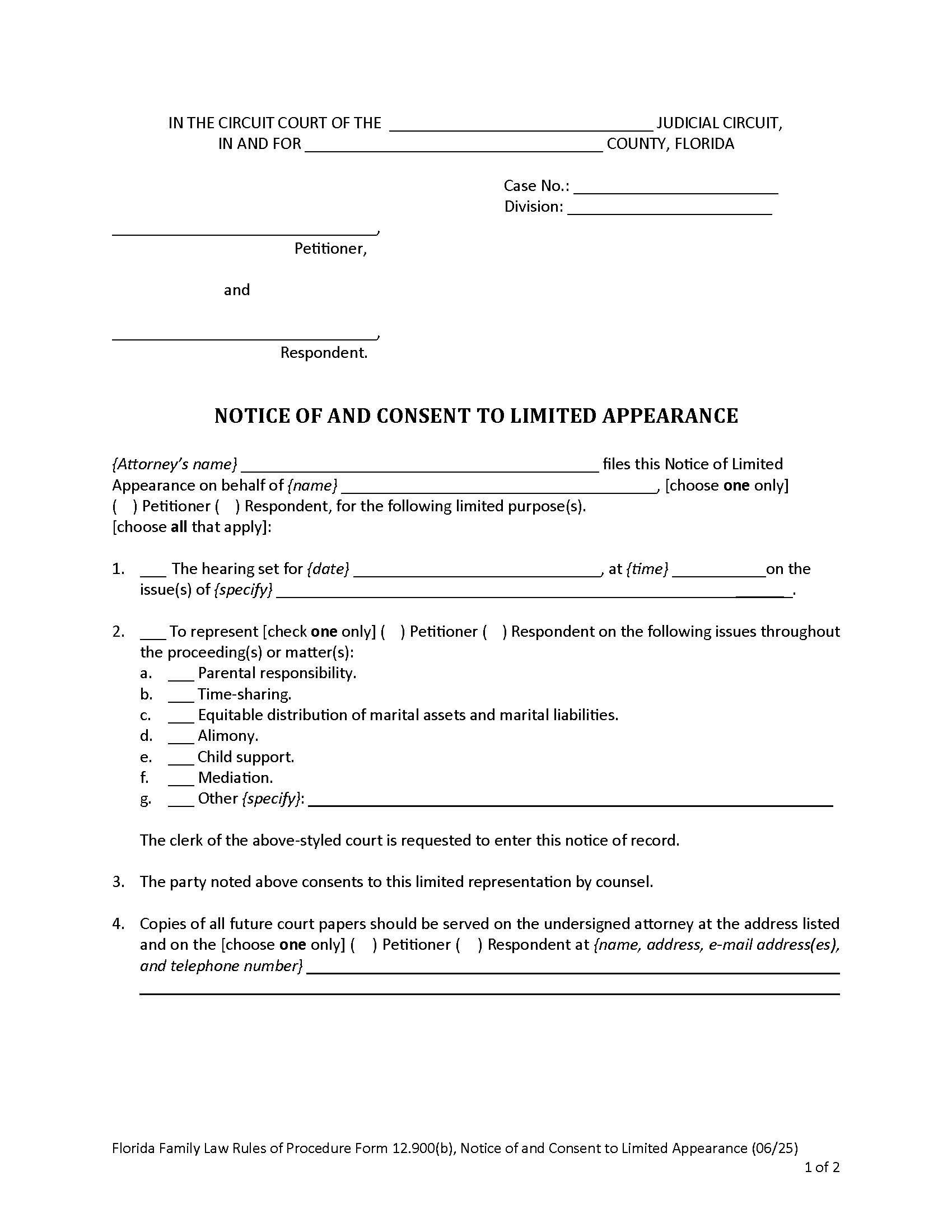 Notice Of Limited Appearance {12.900(b)} | Pdf Fpdf Doc Docx | Florida