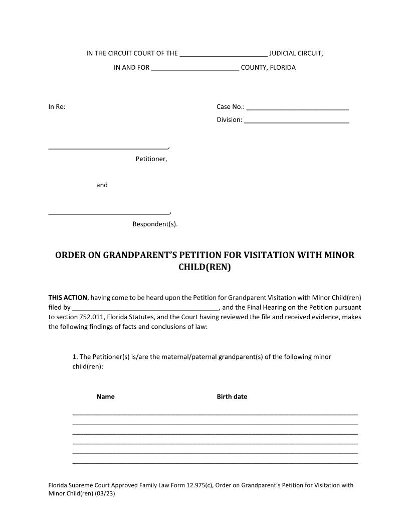 Order On Grandparents Petition For Visitation With Minor Children {12.975(c)} | Pdf Fpdf Docx | Florida