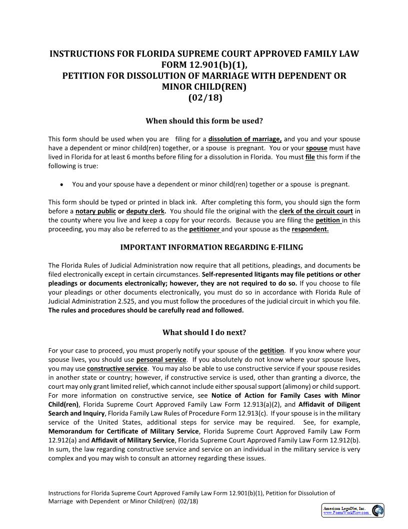 Petition For Dissolution Of Marriage With Dependent Or Minor Children w-Instructions {12.901(b)(1)} | Pdf Fpdf Docx | Florida