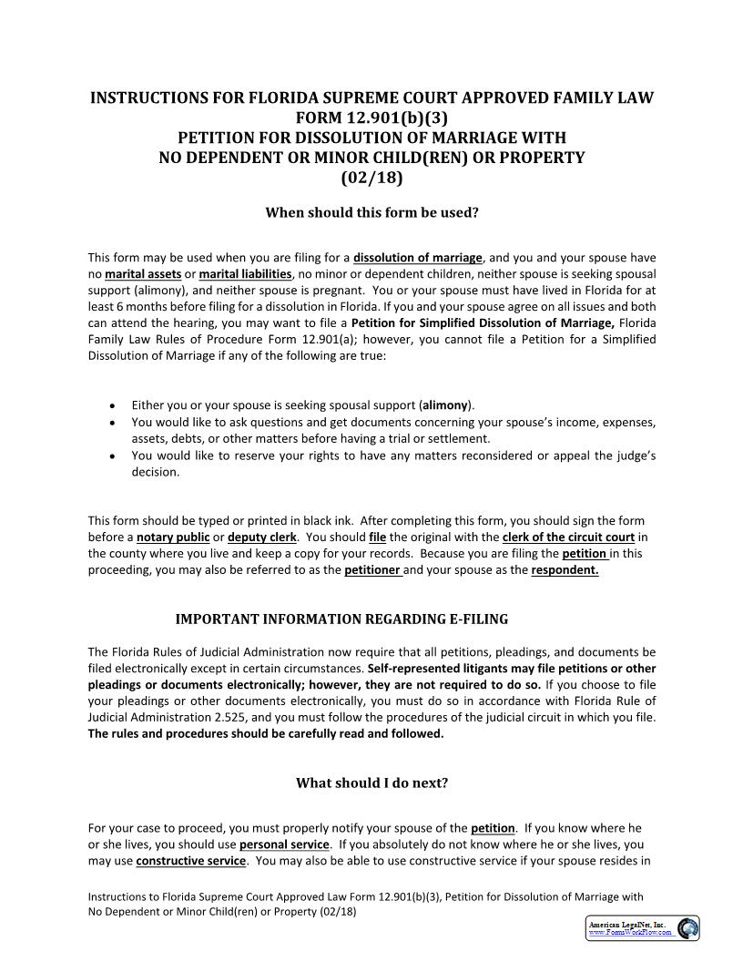 Petition For Dissolution Of Marriage With No Dependent Or Minor Children Or Property {12.901(b)(3)} | Pdf Fpdf Docx | Florida