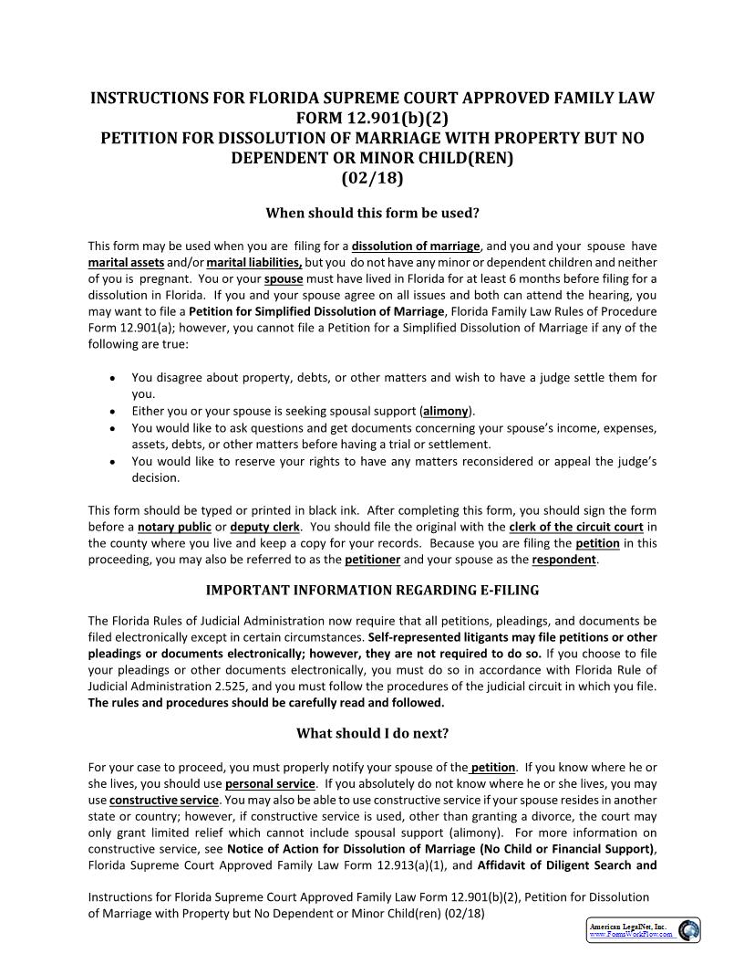 Petition For Dissolution Of Marriage With Property But No Dependent Or Minor Children {12.901(b)(2)} | Pdf Fpdf Docx | Florida