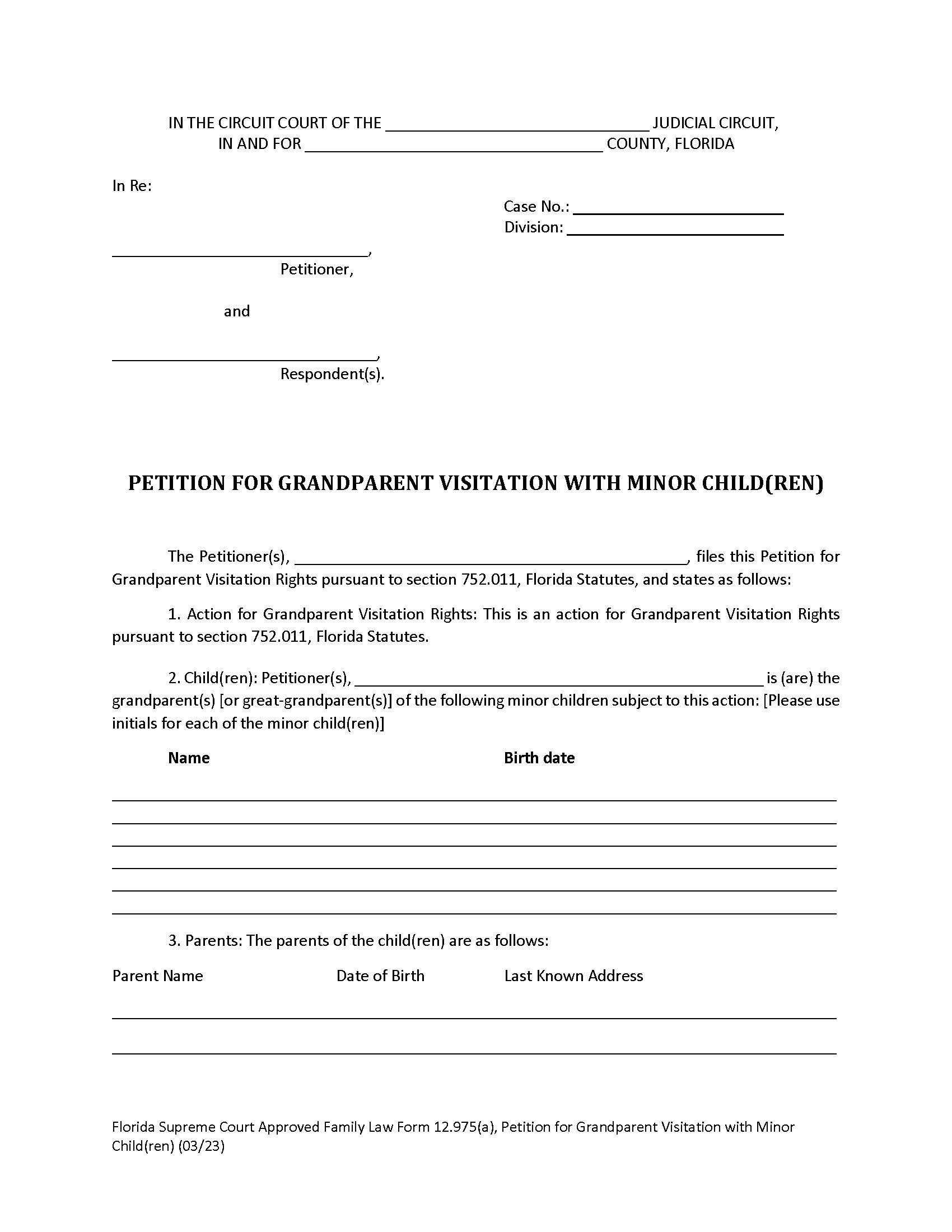 Petition For Grandparent Visitation With Minor Children {12.975(a)} | Pdf Fpdf Docx | Florida