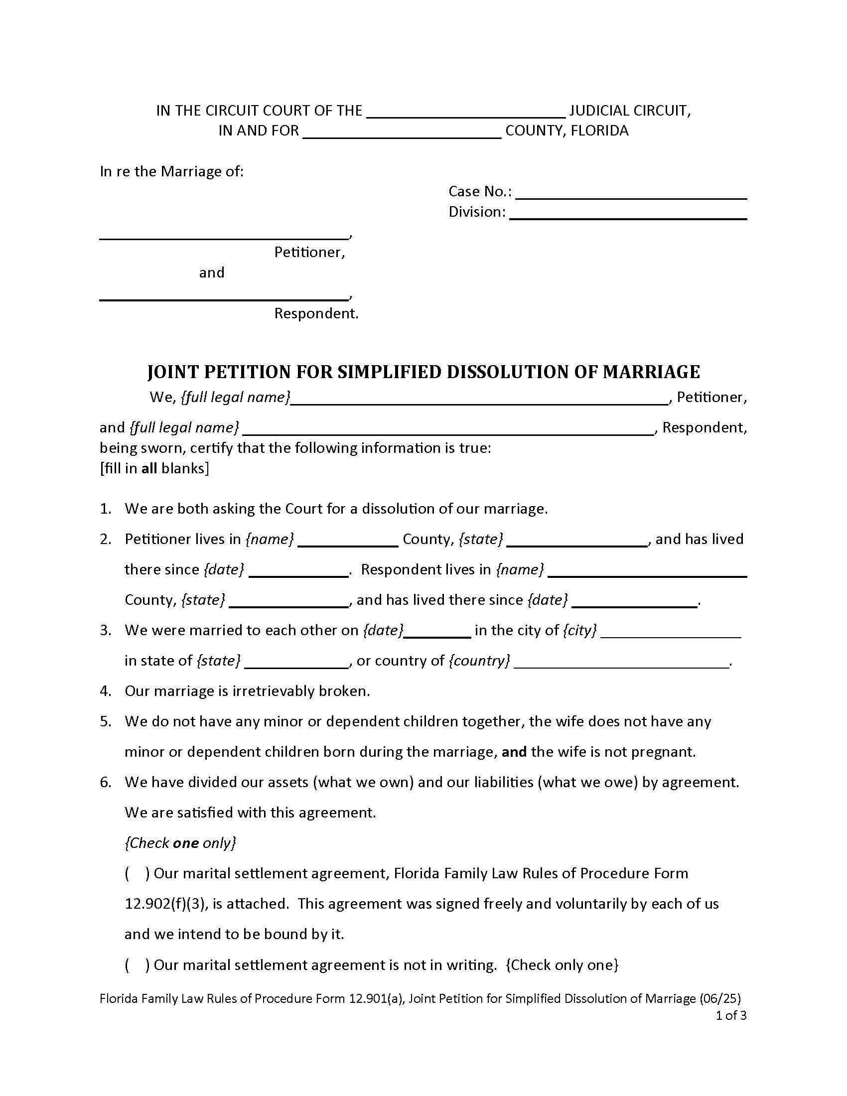 Petition For Simplified Dissolution Of Marriage w-Instructions {12.901(a)} | Pdf Fpdf Docx | Florida