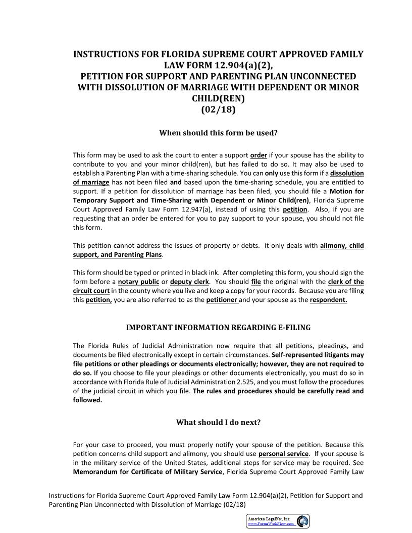 Petition For Support Parenting Plan Unconnected With Dissolution Minor Children {12.904(a)(2)} | Pdf Fpdf Docx | Florida