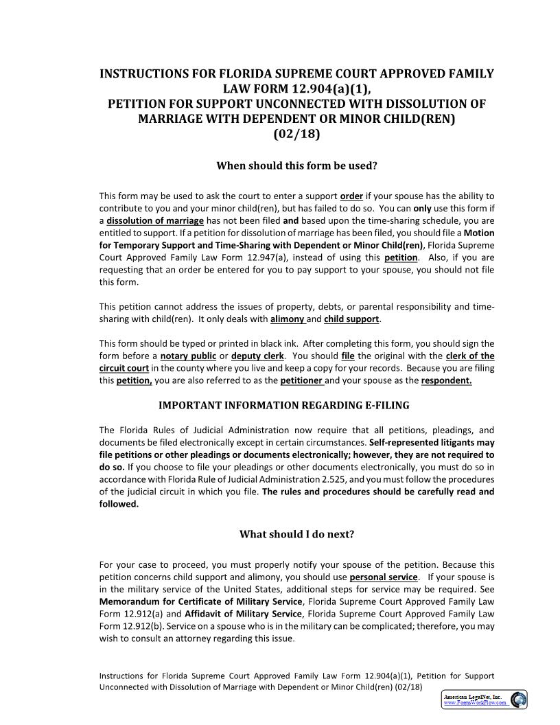 Petition For Support Unconnected With Dissolution Dependent Or Minor Children {12.904(a)(1)} | Pdf Fpdf Docx | Florida