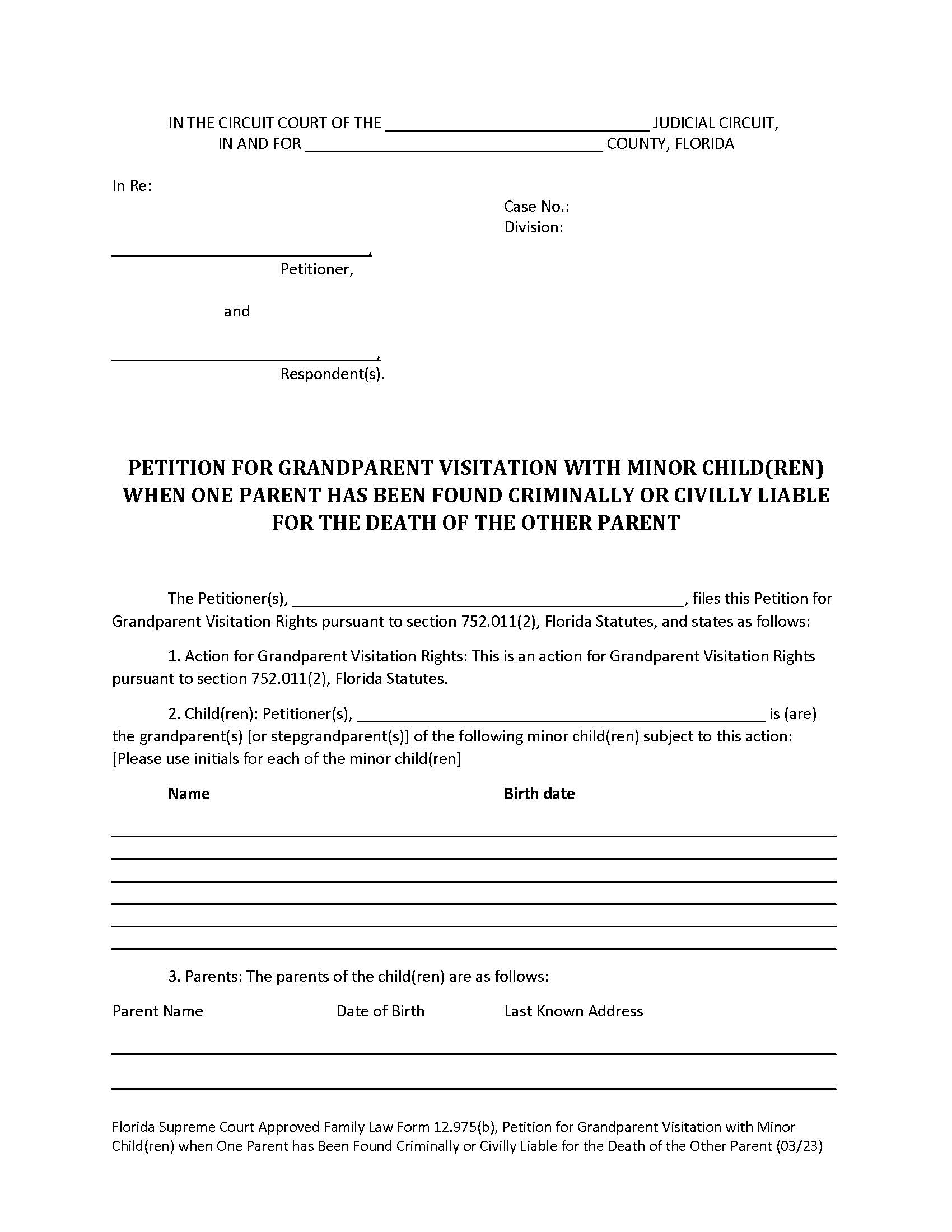 Petition On Grandparent Visitation One Parent Liable Death Of Other Parent {12.975(b)} | Pdf Fpdf Docx | Florida
