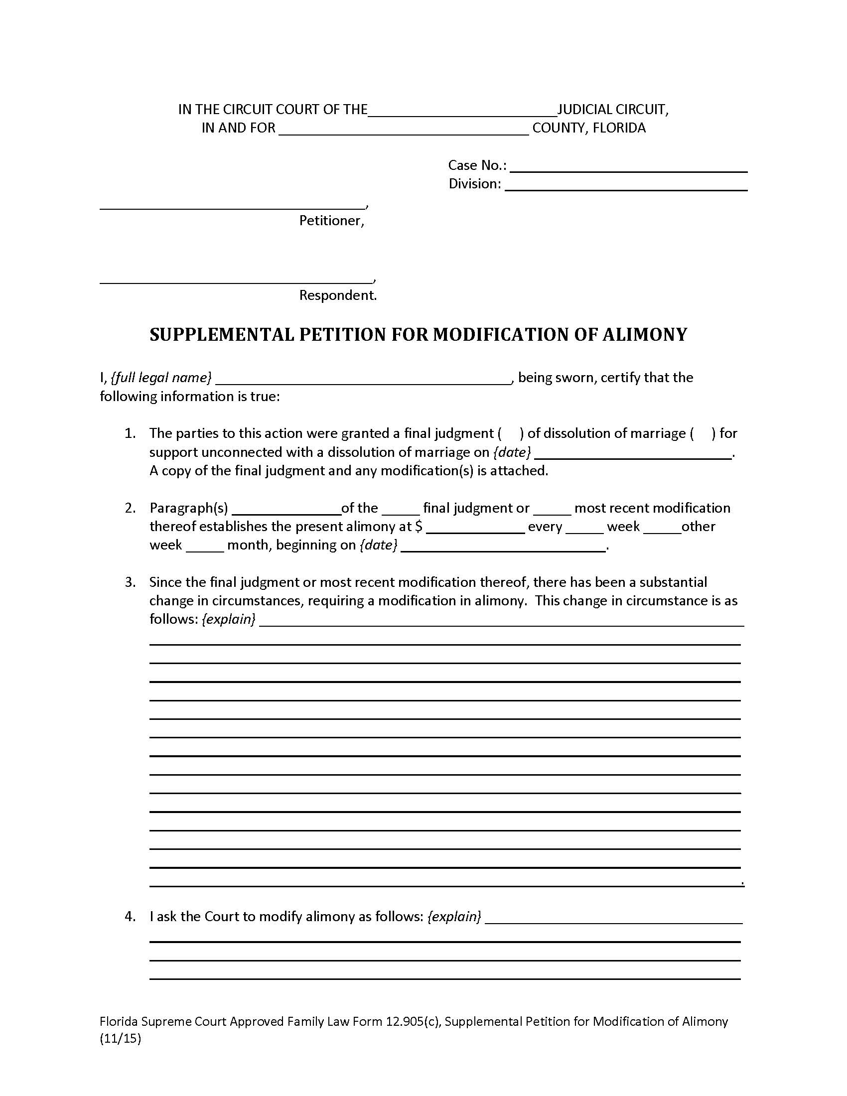 Supplemental Petition For Modification Of Alimony w-Instructions {12.905(c)} | Pdf Fpdf Doc Docx | Florida