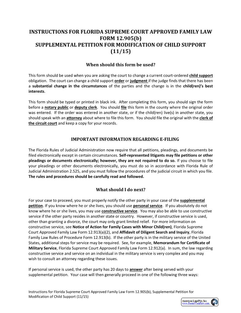 Supplemental Petition For Modification Of Child Support With Instructions {12.905(b)} | Pdf Fpdf Docx | Florida